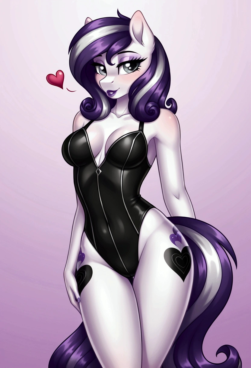 My little pony, (anthro), ((erotic uniform)), ((Two-tone hair with black on top and white underneath)), pale white body, gray eyes, medium breasts, purple lips, perfect lines, heart cutie mark