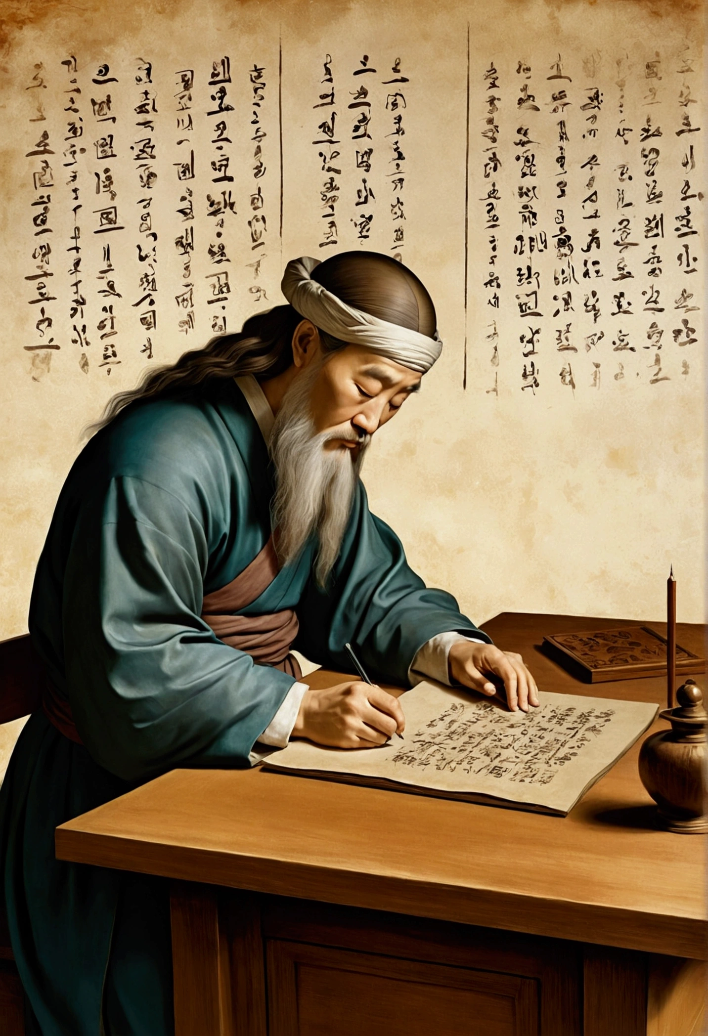 korean man writing a letter on his desk, by leonardo da vinci, complex scene, opening scene, painted image, , courtroom drawing, stylized digital illustration, accurate depiction, praying, full - view, many people worshipping, rendering