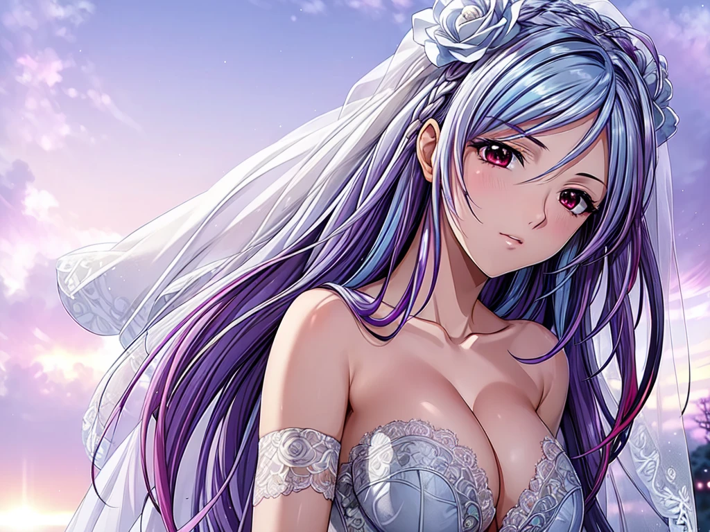 (masterpiece, best quality, beautiful and aesthetic:1.3), look back, side view, 1woman, solo, matured woman,  (Silver blue hair streaked purple:1.4), (Gradient sky blue hair ends:1.6), hair strand, absurdly long hair, single sidelock, wavy hair, shiny hair, floating hair, (deep red eyes), delicate eyes, aqua eyes, super high detailed eyes, long upper eyelashes, makeup, Focus on face, Very detailed facial, Perfect breasts, hot body, (Delicate skin texture:1.2), bridal veil, lace-trimmed dress, see-through, wedding dress, outdoors, white roses, garden, morning, standing, extreme detailed, 