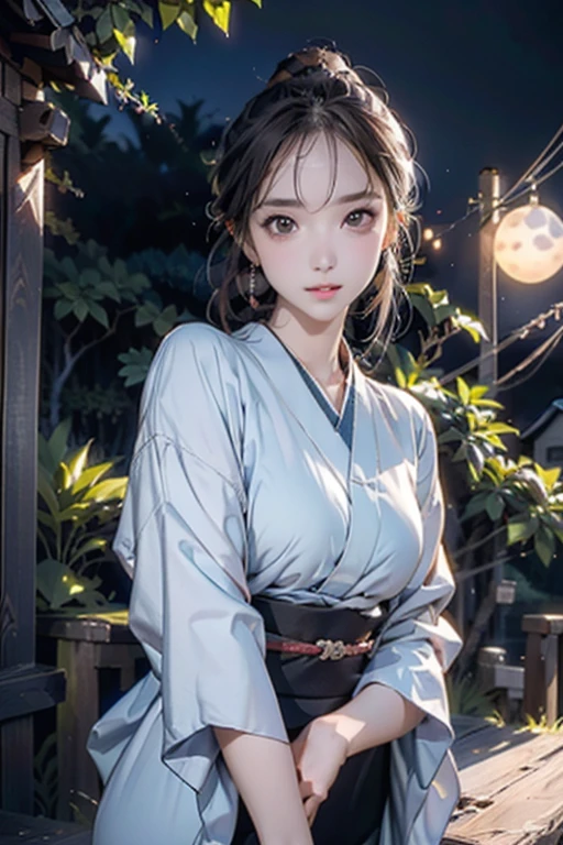 (Official Art、Highest quality、Unity 8k wallpaper、32K、masterpiece、Ultra-detailed、Ultra-high resolution、Oil painting style:1.2)、Slender、Ample breasts、(whole body:1.2)、Highly detailed background、Realistic students、Sharp pupils、Blurred Background、Beautiful girl in yukata、(Highly detailed face and eyes、Beautiful Face、Highly detailed skin、Detailed skin texture:1.3)、Japanese garden、Cowboy Shot、Sitting on the porch、moon明かり、空に浮かぶ満moon、moon、dumpling、Autumn scenery、