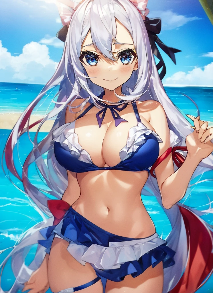 1girl, smirk, ribbon, Cumulonimbus, buzzer, Ocean, Swimwear, ((saggy breasts))
