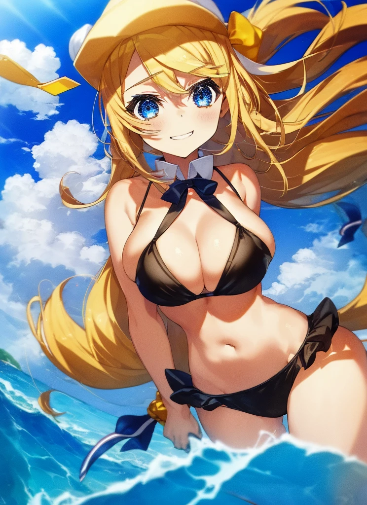1girl, smirk, ribbon, Cumulonimbus, buzzer, Ocean, Swimwear, ((saggy breasts))