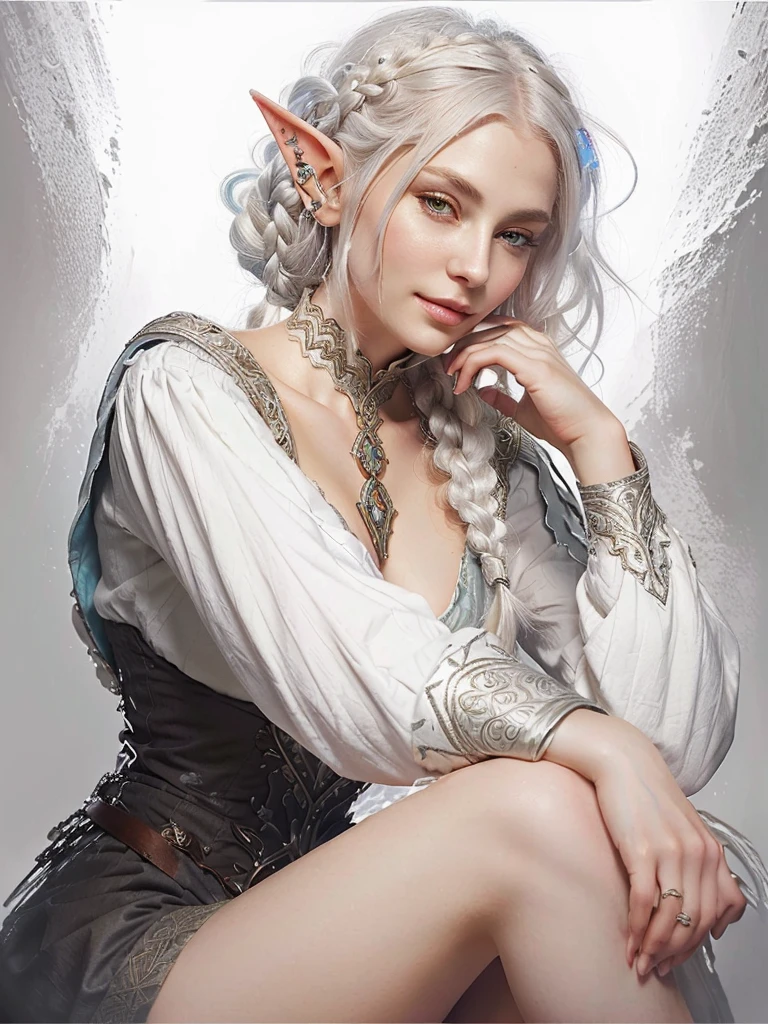 a close up of a woman with white hair an Victorian outfit and shorts hair tied in a braid , beautiful and elegant female elf, fantasy art style, beautiful and elegant elf queen, beautiful character painting, portrait of an elf queen, epic exquisite character art, loish and wlop, elven character with smirk, a portrait of an elf, detailed matte fantasy portrait, elf girl