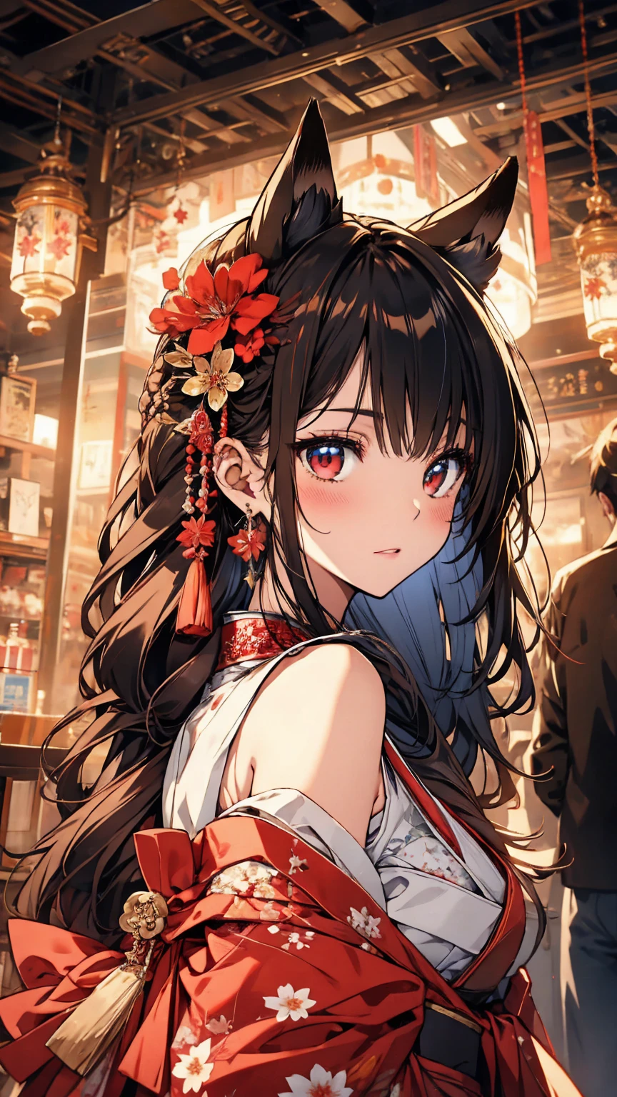 (Highest quality),(masterpiece), 8k,Very detailed, Detailed light, Best Shadow,Detailed reflective eyes, Beautiful Eyes, Very detailedな顔,Shiny Hair,sexy,Big Breasts,Charm,One person,Gloss,Black Hair,,Inner hair color red,Red eyes,Nine-Tailed Fox,Animal ears,,Miko costume,enchanting,Expressionless,Blushing,full moon,Enchanting,Beautiful fingers,Beautiful hands,Refers to 5 books,hair ornaments,Japanese sword,whole body,nsfw