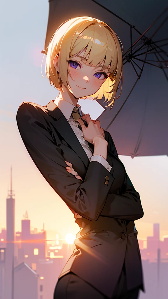 1 girl、8k、Sharp focus、(Bokeh) (Highest quality) (Detailed skin:1.3) (Intricate details) (anime)、(blonde)、short hair、Bobcut、Blunt bangs、Beautiful purple eyes、Slender body、From the side、Upper body close-up、White shirt、Black work trousers、Black Fitted Blazer、Calm face、Mouth closed、Cheeky Smile、Squint your eyes、Park in the background、sunset、Soft lighting.