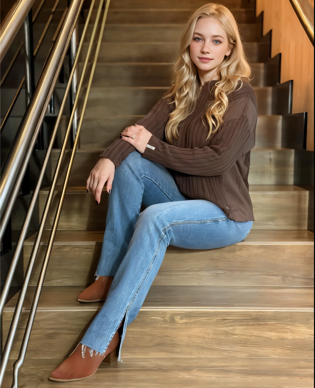 a one woman, americana, age 25, pale skin and freckles, grey-eyed, delicate nose, soft and delicate lips, distant, distant, wavy, waist-length blonde hair, Sweet smile, face with delicate feminine facial features, Highly Rendering, golden bracelet