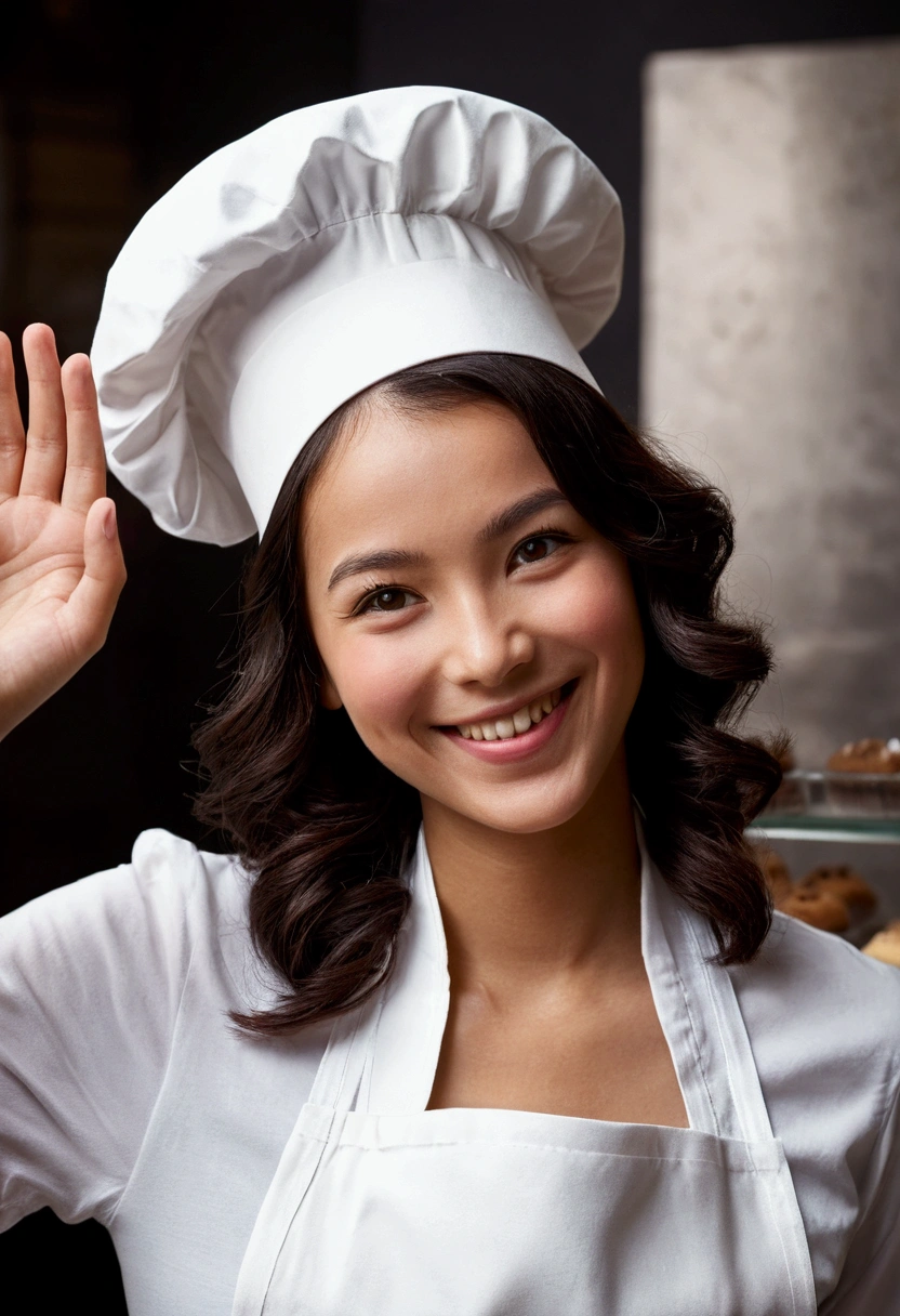 A patissier smiling and waving cutely, High resolution,Highest quality,