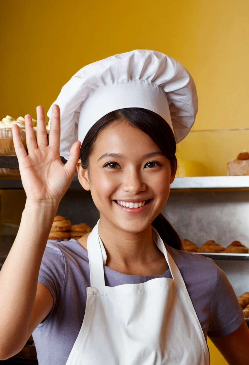 A patissier smiling and waving cutely, High resolution,Highest quality,