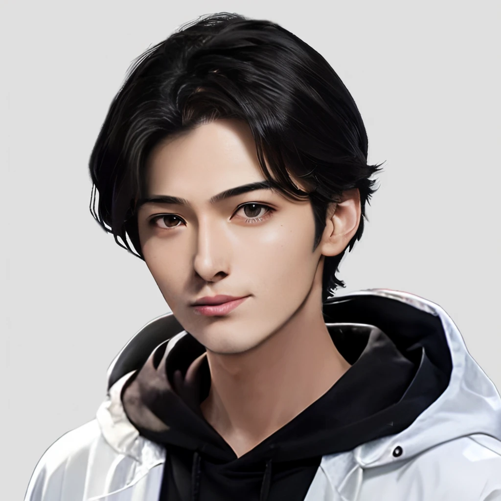There is a man wearing a white jacket and a black hoodie., Cai Xukun, Yanjun Chent, Inspired by Yanjun Chen, Inspired by Zhang Han, g lillian art style, Realistic anime artstyle, Anime realism style, Realistic. Chen Yi, Created by Anime Painter Studio, Realistic anime art style, Realistic anime 3 d style, Jan J