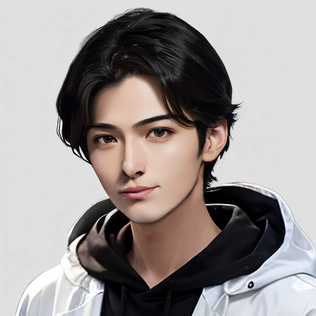 There is a man wearing a white jacket and a black hoodie., Cai Xukun, Yanjun Chent, Inspired by Yanjun Chen, Inspired by Zhang Han, g lillian art style, Realistic anime artstyle, Anime realism style, Realistic. Chen Yi, Created by Anime Painter Studio, Realistic anime art style, Realistic anime 3 d style, Jan J