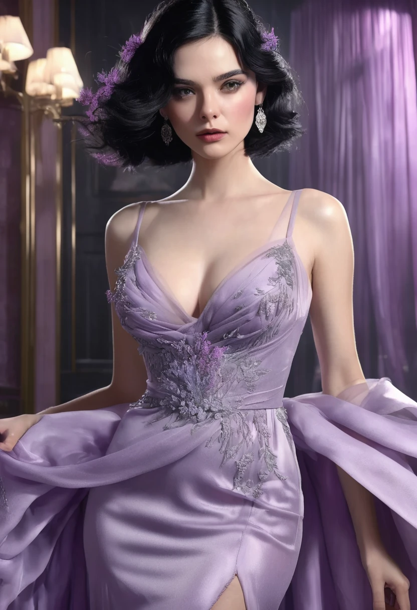 1 woman, inside a party room, wearing an elegant lavender-lilac evening gown, lavender-lilac colored dress, detailed facial features, feminine gray eyes, detailed white skin, neat black hair with fringe, image showing full body, dramatic lighting, big breasts, cinematic composition, cold palette, dark colors, atmospheric fog, strong body, thin chin, adult woman, (best quality, 4K, 8K, high resolution, art: 1.2), ultra-detailed, (realistic, photorealistic, photorealistic: 1.37)