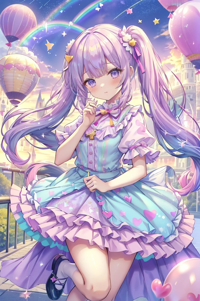(whole body, legs and shoes visible: 1.2)) Expressive eyes, One girl, Pale skin, Long Hair, Windblown Hair, ((absurdly Long Hair)), Long Side Lock, Princess bangs, Hair bangs, Hair Bun, ((Very long twin tails)), Rainbow Hair, Light pink hair, blush, full face blush, big sparkling Pastel Purple eyes, (Gradient Eye), Laughing with your mouth open, cute pose, ((Holding a balloon : 1.3))
((cute and pastel fashion)) ((🦄🎠🎈🎉 theme : 1.4)) A loose pastel dress, ((Dreamy multi-colored open dress)), (Floating ribbon), Lavender Frill, Pink frills, (Light blue lace), Removable short sleeves, Fluffy skirt, ((Rainbow and star printed skirt : 1.3)), ta Skirt, Purple ribbon, ((pom pom ribbon hair ornament : 1.4)), Multiple Bows, Striped lace stockings, (heart型のレッグガーター), cute (Pastel Purple) shoes ((Ultra-detailed clothing and fashion)) I'm watching you, Vintage Girl, blush, (Beautiful attention to detail), (Highly detailed CG Unity 8k wallpaper) (Best Shadow), ((Very delicate and beautiful)), (Detailed light), ((Depth of written boundary)) Big Head, Big, bright eyes, Moe, Splash Art, Cinema Lighting, Front view, volumetric lighting maximalist photo illustration k resolution high resolution intricate detailed complex key visuals precise linear
((Dreamy pastel sky background, Surrounded by sunset clouds, shooting star, Castle above the clouds)) ((Ultra-detailed landscapes, Foggy clouds, Hung by balloons, heart : 1.3))