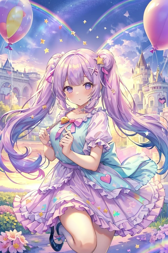 (whole body, legs and shoes visible: 1.2)) Expressive eyes, One girl, Pale skin, Long Hair, Windblown Hair, ((absurdly Long Hair)), Long Side Lock, Princess bangs, Hair bangs, Hair Bun, ((Very long twin tails)), Rainbow Hair, Light pink hair, blush, full face blush, big sparkling Pastel Purple eyes, (Gradient Eye), Laughing with your mouth open, cute pose, ((Holding a balloon : 1.3)) 
((cute and pastel fashion)) ((🦄🎠🎈🎉 theme : 1.4)) A loose pastel dress, ((Dreamy multi-colored open dress)), (Floating ribbon), Lavender Frill, Pink frills, (Light blue lace), Removable short sleeves, Fluffy skirt, ((Rainbow and star printed skirt : 1.3)), Lolita Skirt, Purple ribbon, ((pom pom ribbon hair ornament : 1.4)), Multiple Bows, Striped lace stockings, (heart型のレッグガーター), cute (Pastel Purple) shoes ((Ultra-detailed clothing and fashion)) I&#39;m watching you, Vintage Girl, blush, (Beautiful attention to detail), (Highly detailed CG Unity 8k wallpaper) (Best Shadow), ((Very delicate and beautiful)), (Detailed light), ((Depth of written boundary)) Big Head, Big, bright eyes, Moe, Splash Art, Cinema Lighting, Front view, volumetric lighting maximalist photo illustration k resolution high resolution intricate detailed complex key visuals precise linear 
((Dreamy pastel sky background, Surrounded by sunset clouds, shooting star, Castle above the clouds)) ((Ultra-detailed landscapes, Foggy clouds, Hung by balloons, heart : 1.3))