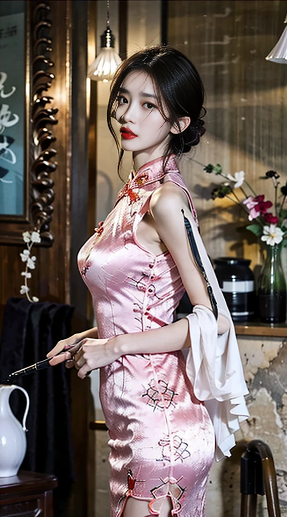 and ,Woman in pink cheongsam,She wears lipstick,There was darkness all around,Atmosphere at night,Full of Chinese atmosphere,She missed her lover,Deeply enveloped in sadness,Write brush words,The picture is HD,A masterpiece。