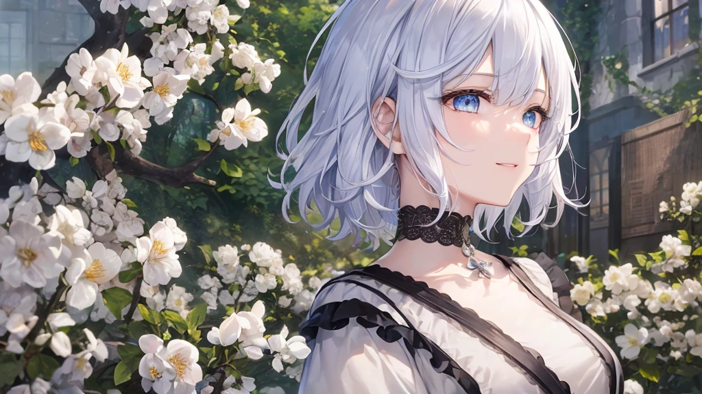 Ultra HD,Look at the viewers, Put your hands behind your back, With a girl, 20-year-old, 非常にShort Hair, Long bangs between the eyes, Pale blue eyes, Very detailed,(masterpiece、Highest quality),Gray Hair、Laughter、Fantastic, Silver Hair, Iris, Short hair、 Fluttering Hair、Small Face、明るいsmile、(Detailed face) ,Professional Lighting,Wonderful landscape,blue sky, sunlight,Looking down from above,Portraiture、Open your mouth、Flower Field、Her eyes were shining、Mysterious and enchanting atmosphere。With AI Painting、とてもShort Hair, Long bangs between the eyes, Very detailed,(masterpiece、Highest quality)、alone、Gray Hair、Fantasy, Silver Hair, Fantasyな風景、smile、Open your mouth、short hair、Short Hair、hairpin、black eye、Grey Eyes、Beautiful Eyes、Black Shirt、White hoodie