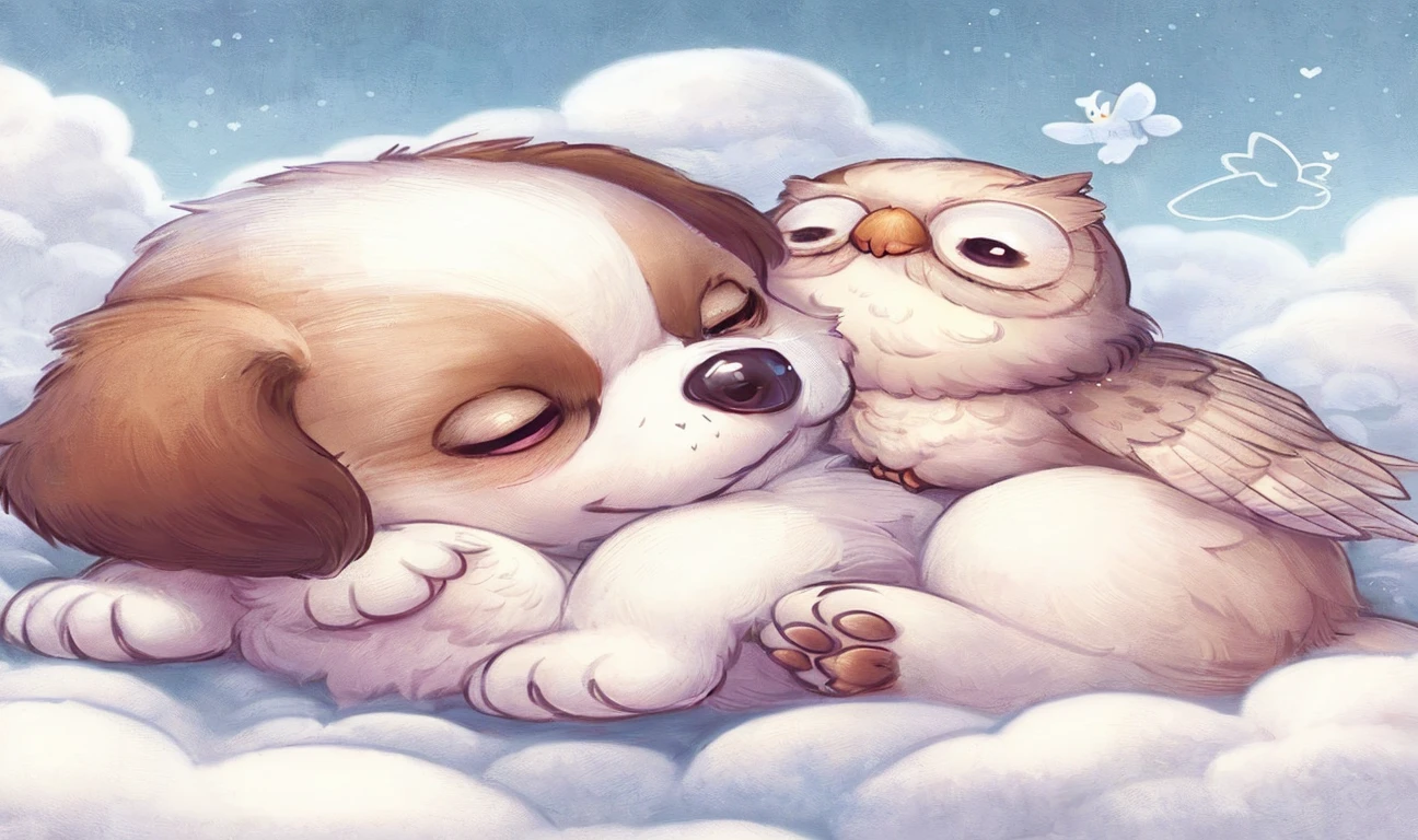 There is a cat and an owl sleeping together, cute detailed digital art, Adorable Digital Painting, Cute digital art, cute detailed artwork, cute artwork, ohwx, Dream Animal Cute Eyes, Cute illustration, dreamy illustration, Cute creatures, Cute Animals, Nice dream、Take a look., ohwx, Peaceful Animals, Dreamy art, Beeple and Jeremiah Ketner, kawaii