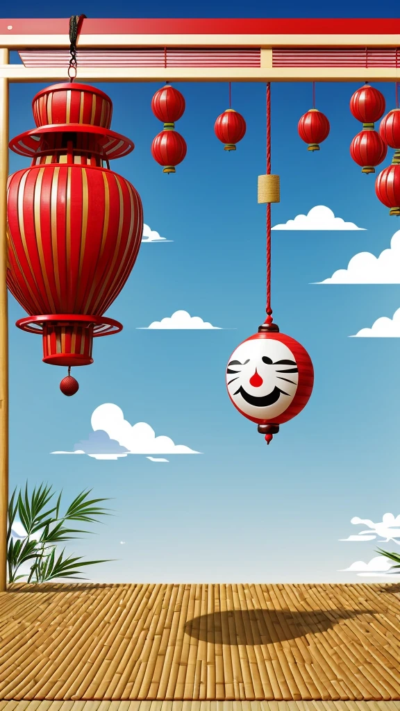 Create an anime-style illustration featuring a large, ripe watermelon placed on a woven mat. Include a traditional Japanese wind chime with a red stripe hanging above the watermelon, and next to it, place a small white and blue Japanese Daruma doll with one eye painted in. The background should have a bamboo screen partition to enhance the Japanese summer aesthetic.