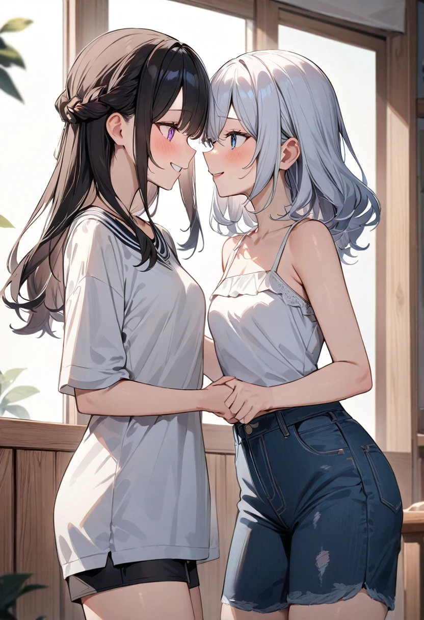 (masterpiece, top quality, very aesthetic, 4k、illustration), intricate detail, 2girls,Standing 、(cowboy shot)、Randomsmile、()、yuri,
Cute 、Random Hair Color、,middle hair,sidelock ,Random eyes Color、Casual attire、small breasts、Slim 、