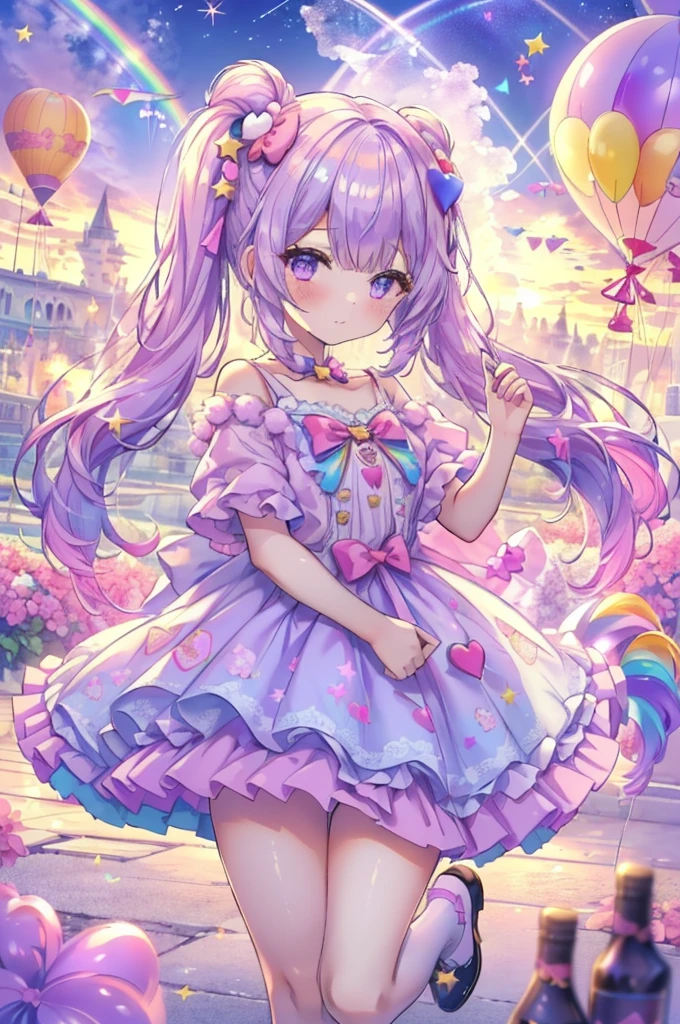 (whole body, legs and shoes visible: 1.2)) Expressive eyes, One girl, Pale skin, Long Hair, Windblown Hair, ((absurdly Long Hair)), Long Side Lock, Princess bangs, Hair bangs, Hair Bun, ((Very long twin tails)), Rainbow Hair, Light pink hair, blush, full face blush, big sparkling Pastel Purple eyes, (Gradient Eye), Laughing with your mouth open, cute pose, ((Holding a balloon : 1.3)) 
((cute and pastel fashion)) ((🦄🎠🎈🎉 theme : 1.4)) A loose pastel dress, ((Dreamy multi-colored open dress)), (Floating ribbon), Lavender Frill, Pink frills, (Light blue lace), Removable short sleeves, Fluffy skirt, ((Rainbow and star printed skirt : 1.3)), Lolita Skirt, Purple ribbon, ((pom pom ribbon hair ornament : 1.4)), Multiple Bows, Striped lace stockings, (heart型のレッグガーター), cute (Pastel Purple) shoes ((Ultra-detailed clothing and fashion)) I&#39;m watching you, Vintage Girl, blush, (Beautiful attention to detail), (Highly detailed CG Unity 8k wallpaper) (Best Shadow), ((Very delicate and beautiful)), (Detailed light), ((Depth of written boundary)) Big Head, Big, bright eyes, Moe, Splash Art, Cinema Lighting, Front view, volumetric lighting maximalist photo illustration k resolution high resolution intricate detailed complex key visuals precise linear 
((Dreamy pastel sky background, Surrounded by sunset clouds, shooting star, Castle above the clouds)) ((Ultra-detailed landscapes, Foggy clouds, Hung by balloons, heart : 1.3))