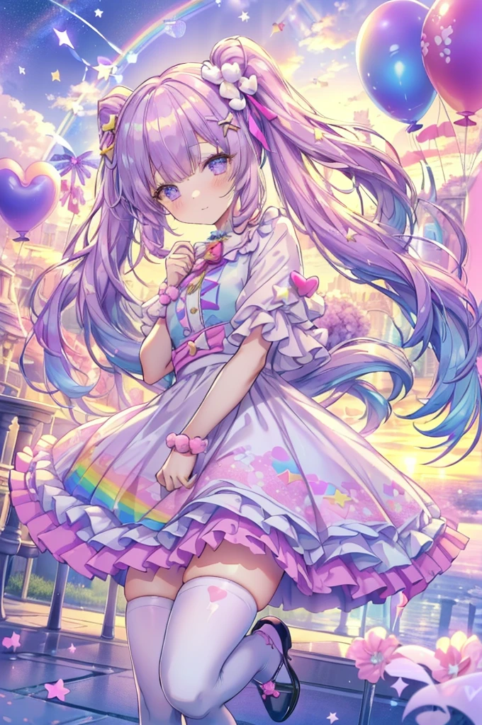 (whole body, legs and shoes visible: 1.2)) Expressive eyes, One girl, Pale skin, Long Hair, Windblown Hair, ((absurdly Long Hair)), Long Side Lock, Princess bangs, Hair bangs, Hair Bun, ((Very long twin tails)), Rainbow Hair, Light pink hair, blush, full face blush, big sparkling Pastel Purple eyes, (Gradient Eye), Laughing with your mouth open, cute pose, ((Holding a balloon : 1.3)) 
((cute and pastel fashion)) ((🦄🎠🎈🎉 theme : 1.4)) A loose pastel dress, ((Dreamy multi-colored open dress)), (Floating ribbon), Lavender Frill, Pink frills, (Light blue lace), Removable short sleeves, Fluffy skirt, ((Rainbow and star printed skirt : 1.3)), Lolita Skirt, Purple ribbon, ((pom pom ribbon hair ornament : 1.4)), Multiple Bows, Striped lace stockings, (heart型のレッグガーター), cute (Pastel Purple) shoes ((Ultra-detailed clothing and fashion)) I&#39;m watching you, Vintage Girl, blush, (Beautiful attention to detail), (Highly detailed CG Unity 8k wallpaper) (Best Shadow), ((Very delicate and beautiful)), (Detailed light), ((Depth of written boundary)) Big Head, Big, bright eyes, Moe, Splash Art, Cinema Lighting, Front view, volumetric lighting maximalist photo illustration k resolution high resolution intricate detailed complex key visuals precise linear 
((Dreamy pastel sky background, Surrounded by sunset clouds, shooting star, Castle above the clouds)) ((Ultra-detailed landscapes, Foggy clouds, Hung by balloons, heart : 1.3))