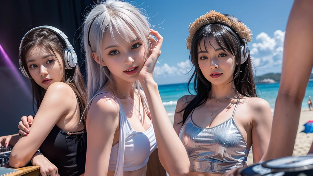 (ultra - detailed, 16K resolution, Cinema lenses, rendering by octane), (high resolution:1.18), intricate detail, (masterpiece:1.1), (highest quality:1.1), (1girl, portrait, white hair, blue eyes, short hair, detailed eyes),Wearing silver DJ headphones, sequined T-shirt, (in the beach:1.5), (Iconic hip-hop pop costumes:1.3), Smile while DJing on stage, DJ studio next to the beach, ((A stylish DJ stage on a hill overlooking the beach)), full body shot, Photorealistic photography by Sunshine, (cute round face:1.3), perfect fingers, five fingers, beautiful hands, perfect hands. master peace, cute smile, Fixhand.