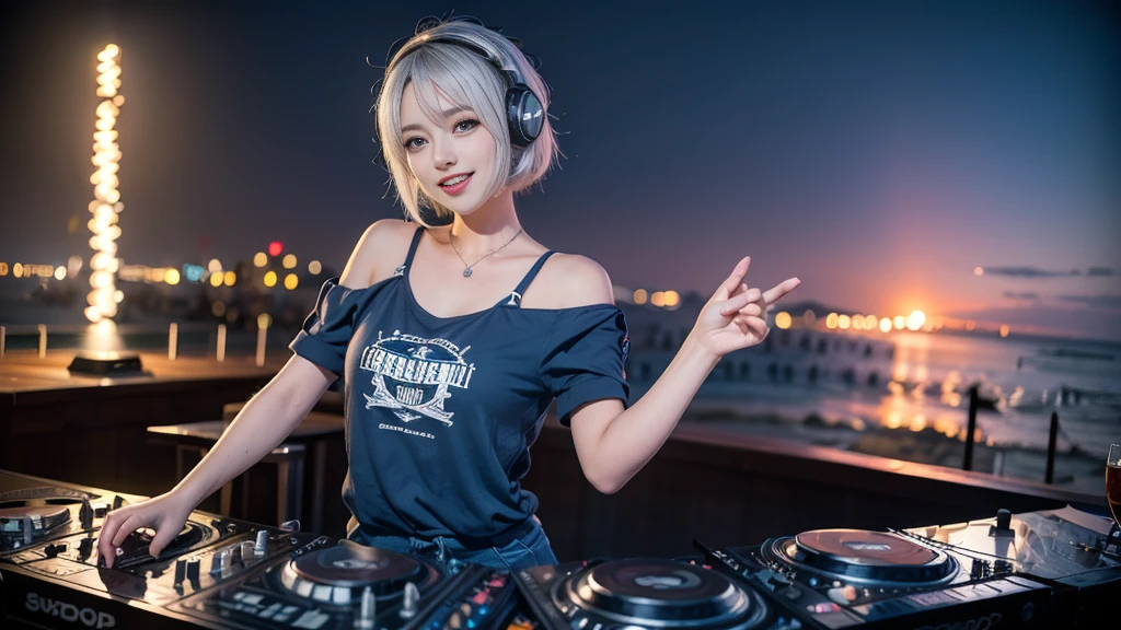 (ultra - detailed, 16K resolution, Cinema lenses, rendering by octane), (high resolution:1.18), intricate detail, (masterpiece:1.1), (highest quality:1.1), (1girl, portrait, white hair, blue eyes, short hair, detailed eyes),Wearing silver DJ headphones, sequined T-shirt, (in the beach:1.5), (Iconic hip-hop pop costumes:1.3), Smile while DJing on stage, DJ studio next to the beach, ((A stylish DJ stage on a hill overlooking the beach)), full body shot, Photorealistic photography by Sunshine, (cute round face:1.3), perfect fingers, five fingers, beautiful hands, perfect hands. master peace, cute smile, Fixhand.