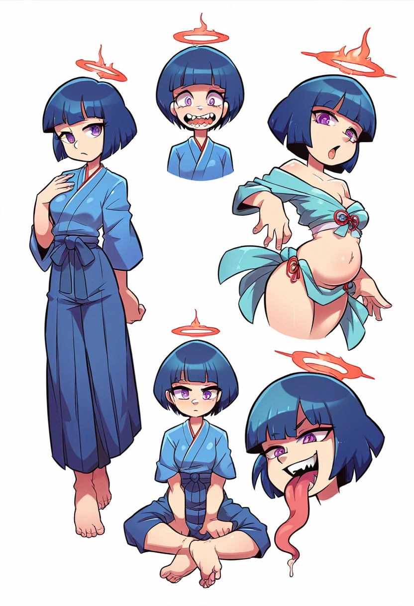 Girl, medium ruffled layered blue hair, purple eyes, open belly, Masterpiece, hiquality, Good detail, sticking out tongue, long tongue, hakama outfit with stomach exposed, half-body shot above waist, fire halo. Expression sheet, fullbody. Sitting down, feet, five toes.