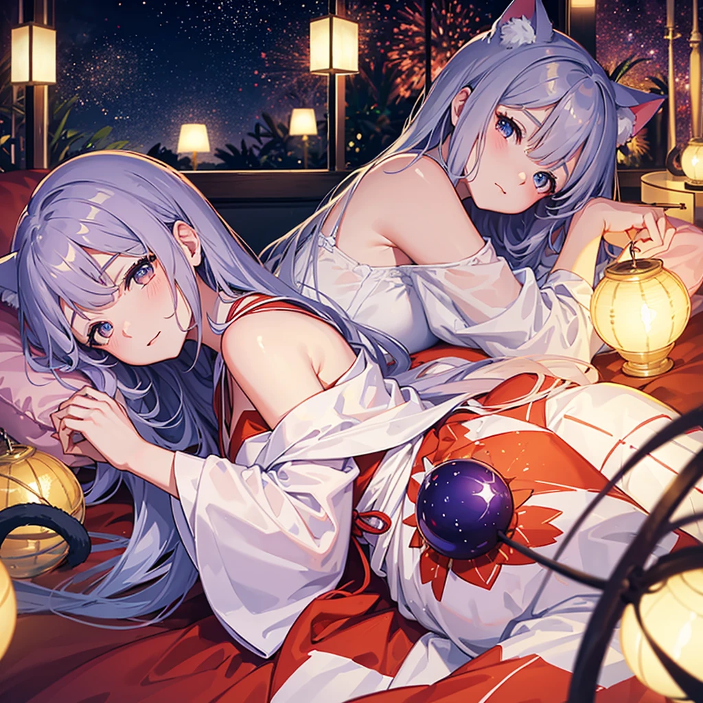 Close-up of face,Young Girl,Young,Lying with my whole body spread out on the soft bed,Laying my head on the pillow,Sleeping with the left side facing down,Sleeping with both eyes closed,So close you can hear me breathing,One person,Fireworks Night, Yukata,A strand of red mesh in silver hair, A huge fireworks falling from the sky, visible from both windows behind me,Cat ear girl, delicate design, Bright colors, detailed character design, Soft light and shadow, Cat's Tail, Cat print yukata, Fireworks in the night sky, Face illuminated by light, Characters stand out, The background is blurred, The focus is on the characters, Sharp details, Dim light at night,Dimly lit room
