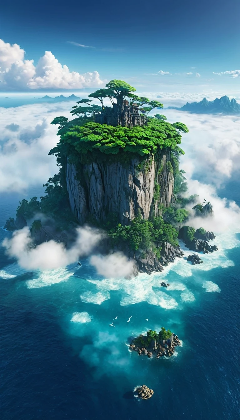 middle of an ocean，There is a mysterious island surrounded by clouds and mist，It exists only in legends and is full of mystery。Only those who are pure and sincere in heart can find this island。It has a dense primeval forest，trees towering into the sky，The tree crown seems to touch the starry sky。Scene concept anti-glare effect, All captured in sharp focus.((Masterpieces in up to 16K resolution):1.6),((soft_color_photography:)1.5), ((Super detailed):1.4),((Typical static images and dynamic angles):1.3),In the center of the island，There is a towering mountain range，The mountain tops are always shrouded in clouds and mist。Birds with wings like rainbows，There is something called「fantasy flower」plant，It is said that its petals can bring people into beautiful dreams.。is full of mystery、A place with romantic and fantasy elements。