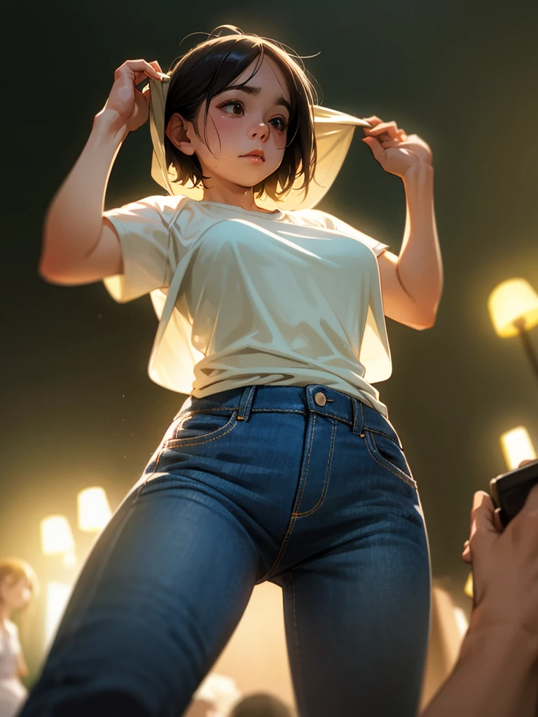 (Sumilux f1.4 50mm , low Latitude old color negative film , cross process , bokeh, flare, chromatic aberration , soft focus, (Shallow focus) , soft glow , Maximum aperture, High Key , Transparent depiction) , clothed erotica , Satyr woman, butter face, saggy melons , sloppy T-shirt , Jeans , Lift up T-shirt , bare bra
