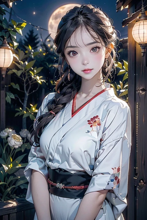 (Official Art、Highest quality、Unity 8k wallpaper、32K、masterpiece、Ultra-detailed、Ultra-high resolution、Oil painting style:1.2)、Slender、Ample breasts、(whole body:1.2)、Highly detailed background、Realistic students、Sharp pupils、Blurred Background、Beautiful girl in yukata、(Highly detailed face and eyes、Beautiful Face、Highly detailed skin、Detailed skin texture:1.3)、Japanese garden、Cowboy Shot、Sitting on the porch、moon明かり、空に浮かぶ満moon、moon、dumpling、Autumn scenery、