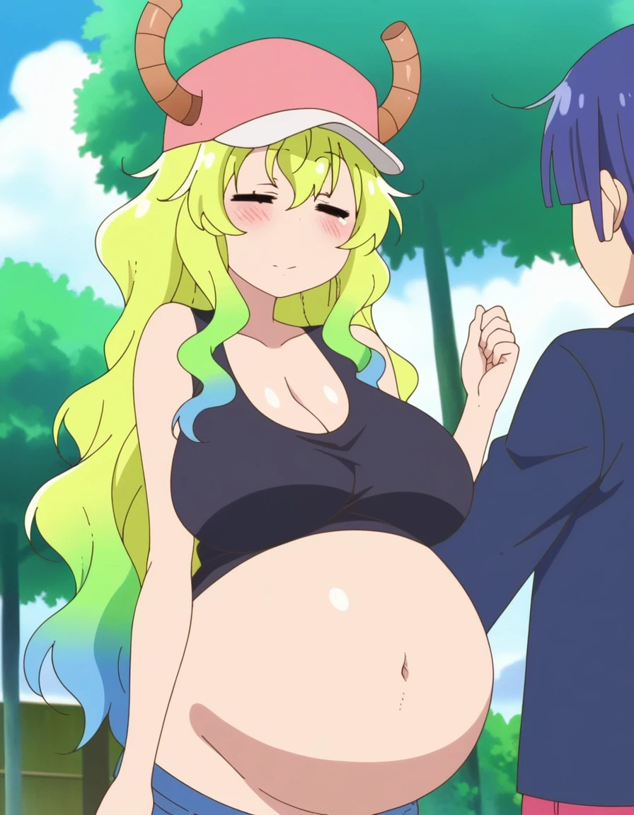 score_9, score_8_up, score_7_up, source_anime,masterpiece,best quality,highres,absurdres,official art,official style,source_anime,anime screencap,anime coloring,megami magazine,anime,animated,explicit, shiny skin,large breasts,lucoa (maidragon), multicolored hair, blonde hair, green hair, gradient hair,dragon girl, horns through headwear,baseball cap, ((large breasts)), ((huge belly)), cleavage, tank top, closed eyes,