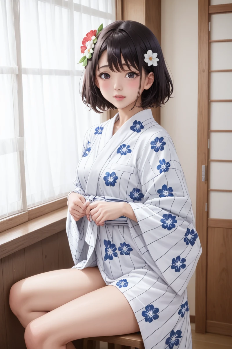 score_9,score_8_superior,score_7_superior,8k, High resolution, 5 years old、beautiful girl, bright black hair, Thin Hair, Small face, cute、Highest quality,Japanese face、small mole on the corner of the eye,((Puffy eyes))、(superior目づかい)、Short Bob、Riverbank、口角superiorがる、Beautiful legs、Flower Hair Ornaments、sexy、Sensual、Blushing、A yukata with a white background and bright red, blue and black floral patterns scattered throughout