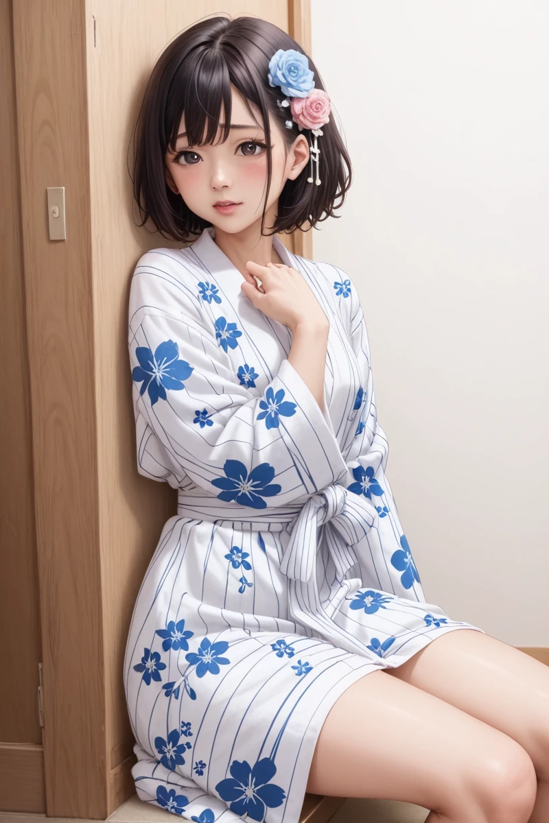 score_9,score_8_superior,score_7_superior,8k, High resolution, 5 years old、beautiful girl, bright black hair, Thin Hair, Small face, cute、Highest quality,Japanese face、small mole on the corner of the eye,((Puffy eyes))、(superior目づかい)、Short Bob、Riverbank、口角superiorがる、Beautiful legs、Flower Hair Ornaments、sexy、Sensual、Blushing、A yukata with a white background and bright red, blue and black floral patterns scattered throughout