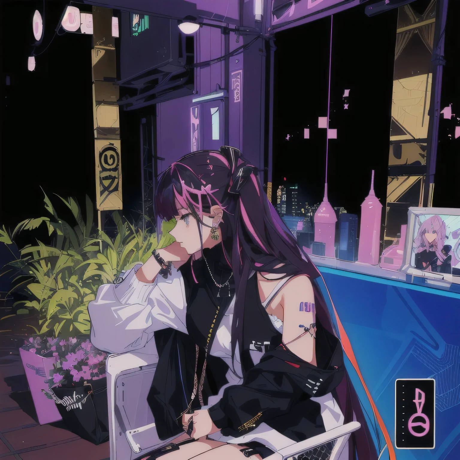 In the virtual world,A lady is sitting on a chair, ig studio anime style, chillin at the club together, Inspired by Gacha Club game, chat room, Jewelry punk aesthetic, Electronic Girl, Electronic Girl, City as background, In the network city, fursona wearing fashionable clothes, Profile picture 1024px, Anime atmosphere