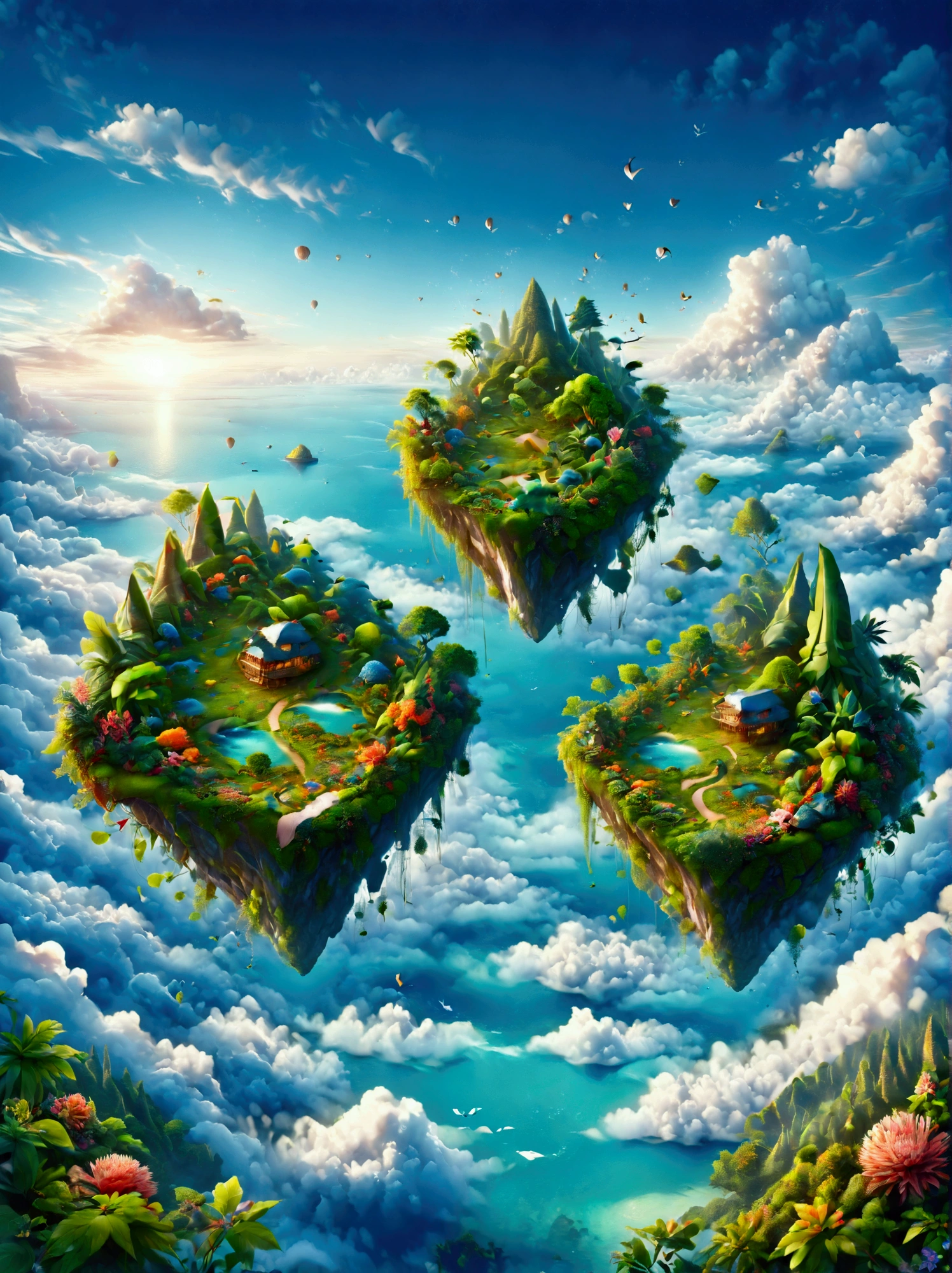 (Bird&#39;s eye view:1.5)，An ancient treasure map，Horizon leading to an exotic island。The island is covered with lush tropical vegetation、Mysterious ancient buildings and a towering mountain。This is an obvious destination for daring explorers。The sky is dotted with birds，There&#39;s a sense of adventure in the air，The boundless blue sea is inhabited by various marine creatures.。A wooden boat with an elegant sail awaits in the nearby bay.，Prepare to start a cross-sea journey。