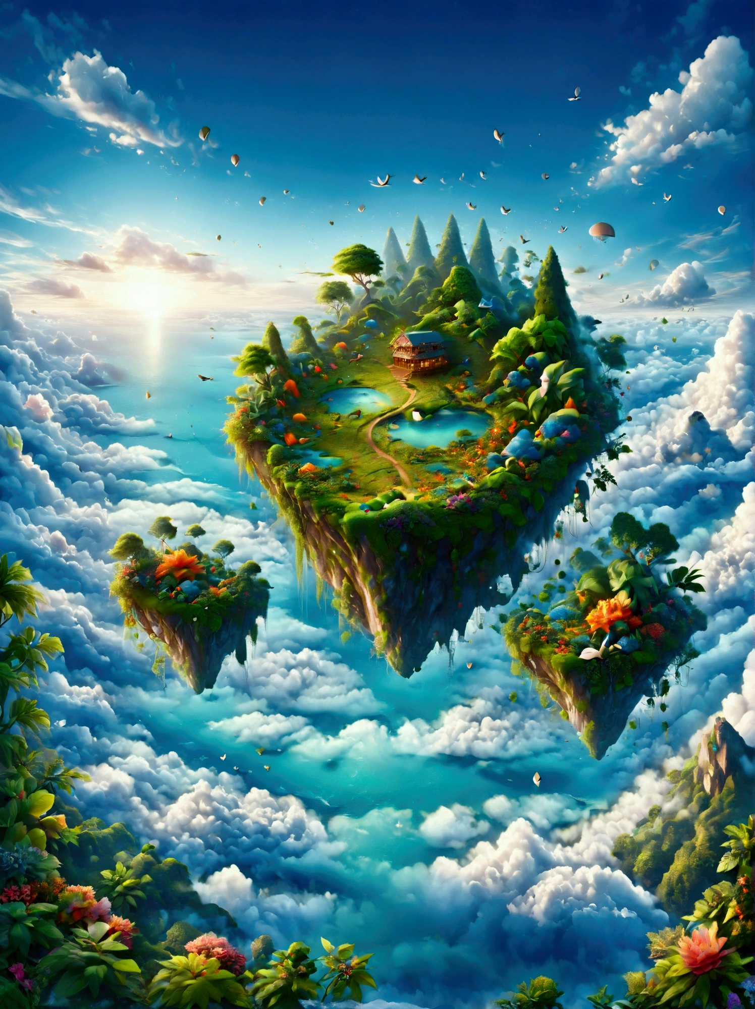 (Bird&#39;s eye view:1.5)，An ancient treasure map，Horizon leading to an exotic island。The island is covered with lush tropical vegetation、Mysterious ancient buildings and a towering mountain。This is an obvious destination for daring explorers。The sky is dotted with birds，There&#39;s a sense of adventure in the air，The boundless blue sea is inhabited by various marine creatures.。A wooden boat with an elegant sail awaits in the nearby bay.，Prepare to start a cross-sea journey。