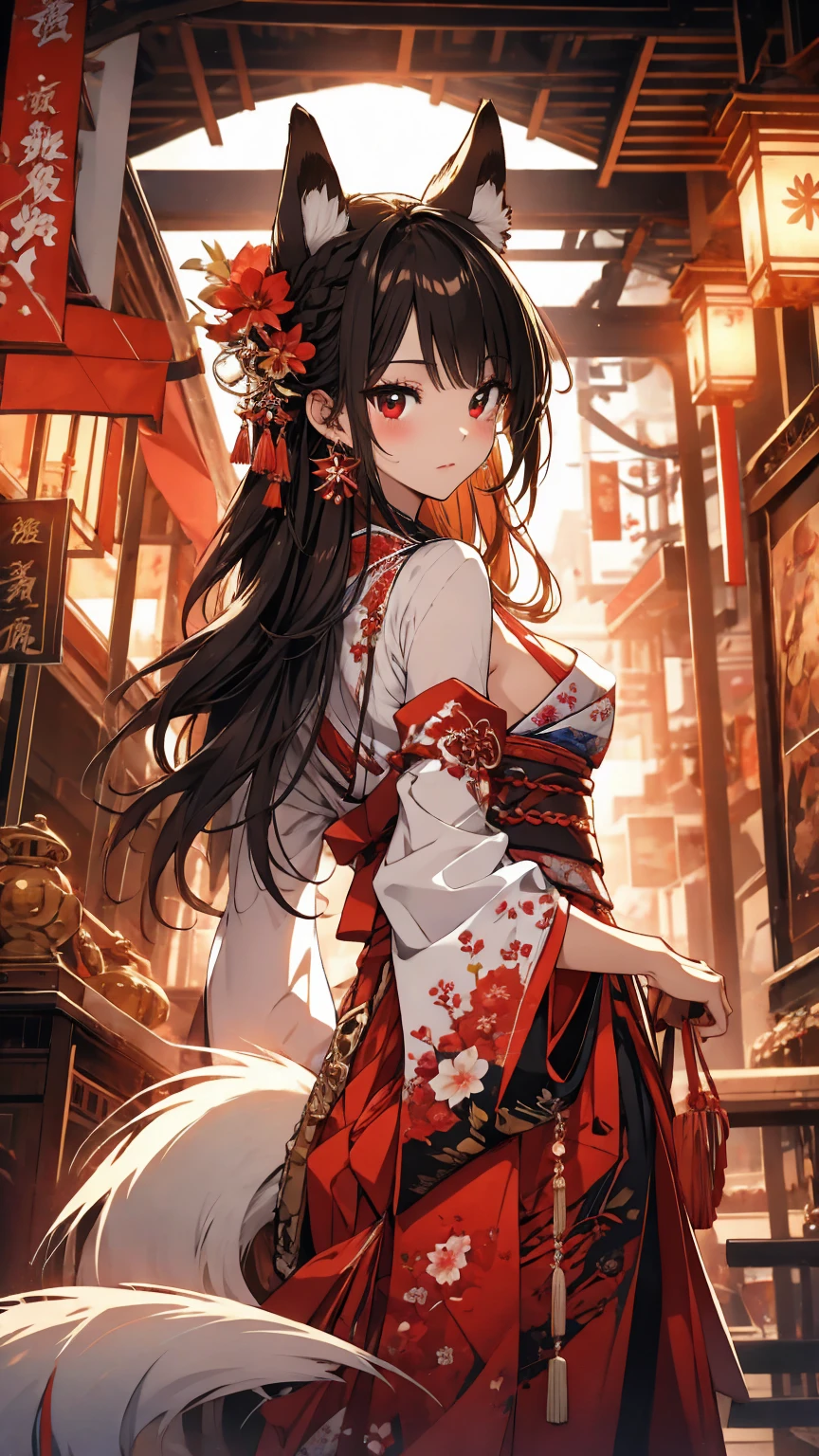 (Highest quality),(masterpiece), 8k,Very detailed, Detailed light, Best Shadow,Detailed reflective eyes, Beautiful Eyes, Very detailedな顔,Shiny Hair,sexy,Big Breasts,Charm,One person,Gloss,Black Hair,,Inner hair color red,Red eyes,Nine-Tailed Fox,Animal ears,,Miko costume,enchanting,Expressionless,Blushing,full moon,Enchanting,Beautiful fingers,Beautiful hands,Refers to 5 books,hair ornaments,Japanese sword,whole body,nsfw