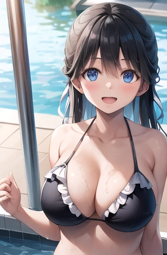 masterpiece, Highest quality, High resolution, One girl, alone, Long Hair, Black Hair, Hair Ribbon, bangs, blue eyes, Frilled bikini, Poolside, Wet, 部分的にwater没した, water, smile, Open your mouth,Large Breasts