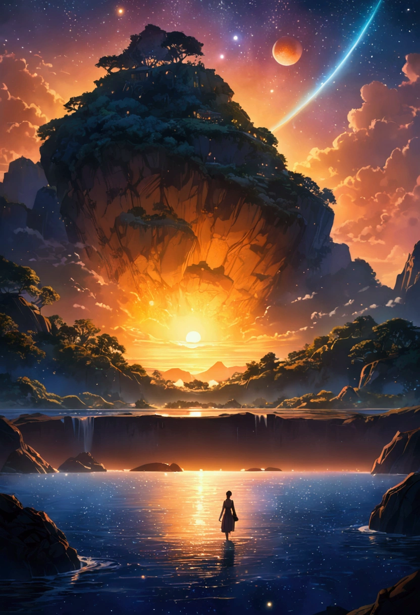 (Mysterious Island), in Starry Solstice, inspired by the glow of colorful distant celestial bodies, lighting up the night sky with a gentle hint of warmth and longing for the beauty that exists far beyond our reach, award-winning, cinematic still, emotional, vignette, dynamic, vivid, (masterpiece, best quality, Professional, perfect composition, very aesthetic, absurdres, ultra-detailed, intricate details:1.3)
