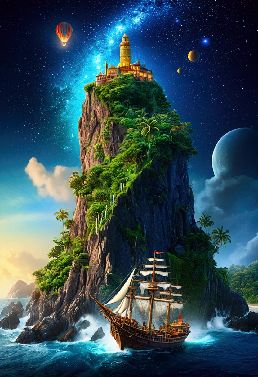 (Mysterious Island), in Starry Solstice, inspired by the glow of colorful distant celestial bodies, lighting up the night sky with a gentle hint of warmth and longing for the beauty that exists far beyond our reach, award-winning, cinematic still, emotional, vignette, dynamic, vivid, (masterpiece, best quality, Professional, perfect composition, very aesthetic, absurdres, ultra-detailed, intricate details:1.3)