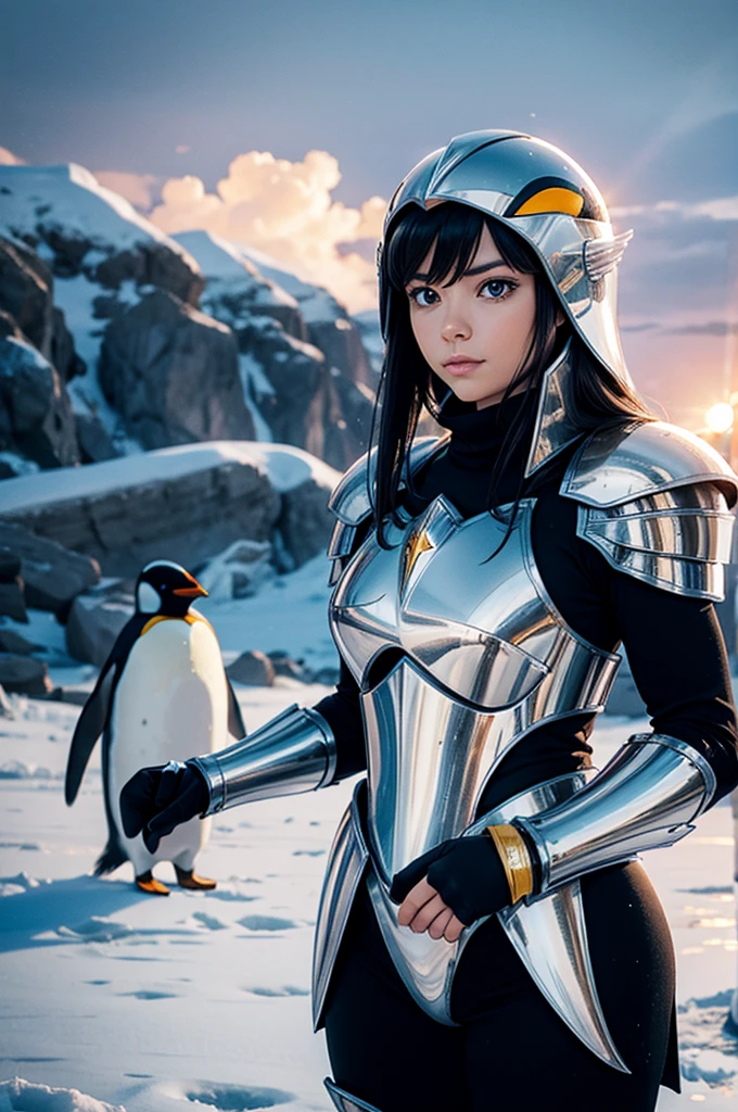 A European adult woman wearing penguin armor. , Saint Seiya , Penguin&#39;s Black and White Armor, Black Hair, Red lips, eye shadow, Natural Makeup, Long and curly hair, Beautiful breasts, Huge breasts、secondlife Avatar, Beautiful screenshots, secondlife, Attractive woman, high quality, Highly detailed skin, Dynamic pose