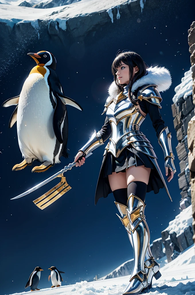 A European adult woman wearing penguin armor. , Saint Seiya , Penguin's Black and White Armor, Black Hair, Red lips, eye shadow, Natural Makeup, Long and curly hair, Beautiful breasts, Huge breasts、secondlife Avatar, Beautiful screenshots, secondlife, Attractive woman, high quality, Highly detailed skin, Dynamic pose