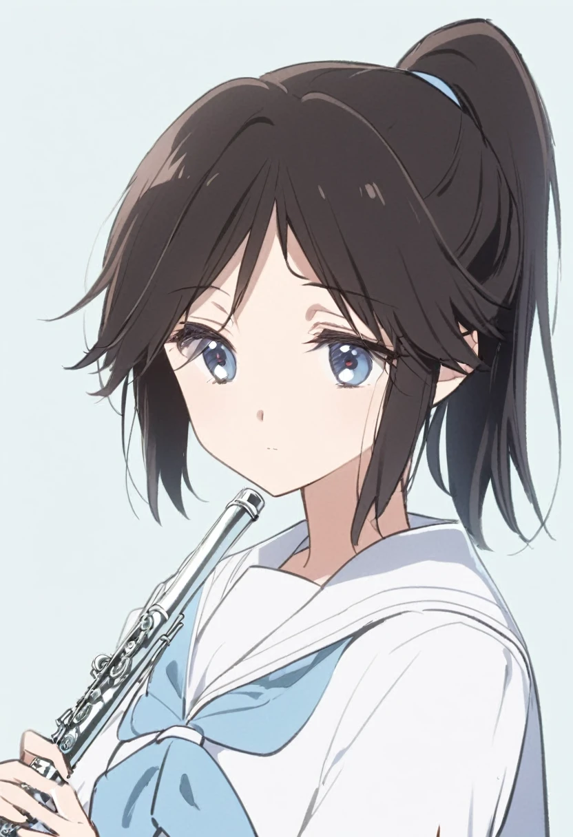 Dark brown and black hair、High ponytail、(/Nozomi Kasagi\)、1 person、Single person,独奏,Anime characters、girl、Expressionless、Emotionless facial expression、Silver flute、Playing the flute、Upper body only、Sailor suit with light blue collar、A white sailor suit with a light blue ribbon