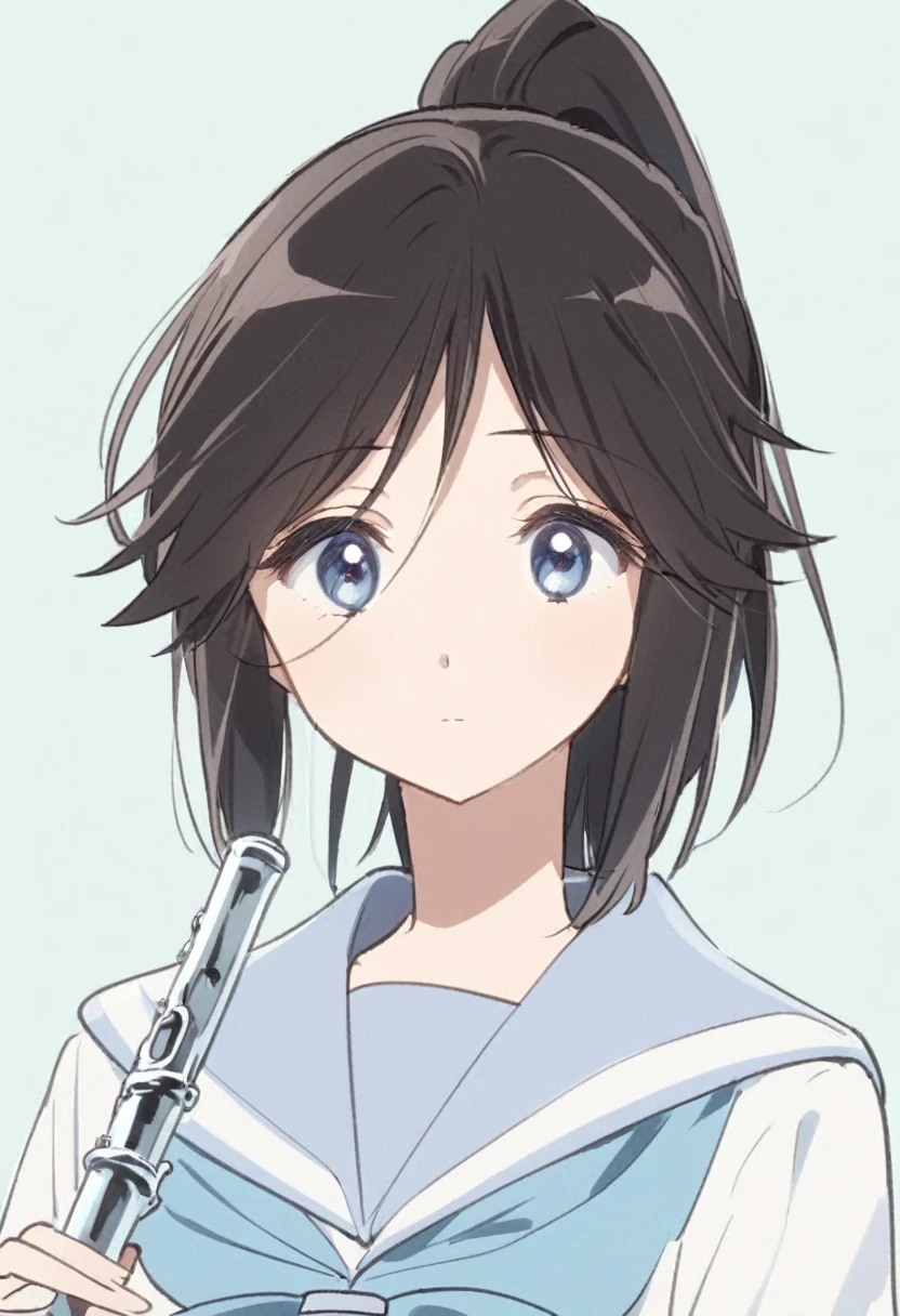 Dark brown and black hair、High ponytail、(/Nozomi Kasagi\)、1 person、Single person,独奏,Anime characters、girl、Expressionless、Emotionless facial expression、Silver flute、Playing the flute、Upper body only、Sailor suit with light blue collar、A white sailor suit with a light blue ribbon