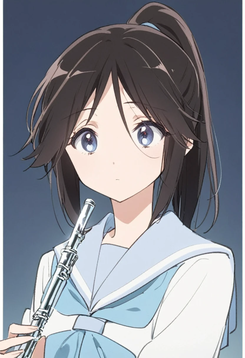 Dark brown and black hair、High ponytail、(/Nozomi Kasagi\)、1 person、Single person,独奏,Anime characters、girl、Expressionless、Emotionless facial expression、Silver flute、Playing the flute、Upper body only、Sailor suit with light blue collar、A white sailor suit with a light blue ribbon