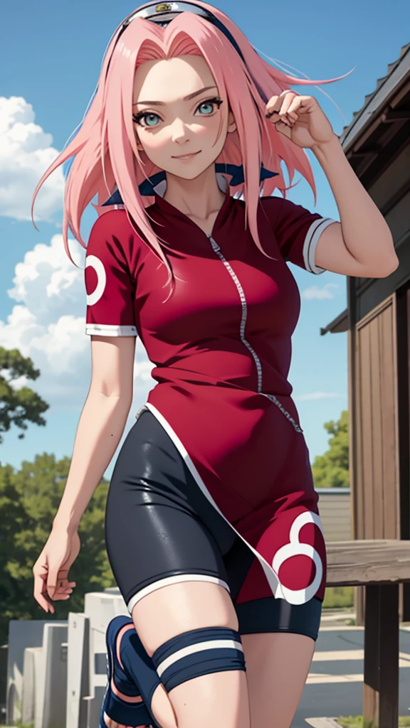 tmasterpiece, Best quality at best, 1girll,Solo, Sakura Haruno, Large breasts,(lower body closeup),Raised sexy,is shy,with pink hair, long whitr hair, (greene eyes:1.3), Forehead protection, ssmile, blue-sky, Clouds, Hidden village,long Red clothes,Zipper half, bike black short, Knee positionKicking position