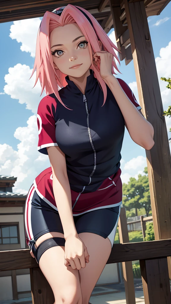 tmasterpiece， Best quality at best， 1girll，Solo， Sakura Haruno， Large breasts，（lower body closeup)，Raised sexy，is shy，with pink hair， long whitr hair， （greene eyes:1.3)， Forehead protection， ssmile， blue-sky， Clouds， Hidden village，long Red clothes，Zipper half, bike black short, Knee positionKicking position