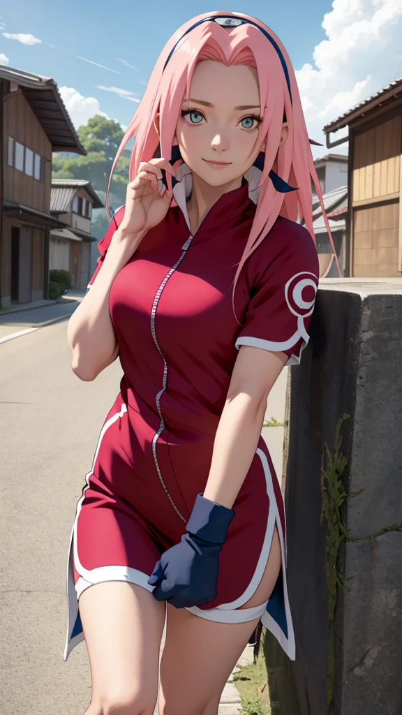 tmasterpiece, Best quality at best, 1girll,Solo, Sakura Haruno, Large breasts,(lower body closeup),Raised sexy,is shy,with pink hair, long whitr hair, (greene eyes:1.3), Forehead protection, ssmile, blue-sky, Clouds, Hidden village,long Red clothes,Zipper half, bike black short, Knee positionKicking position