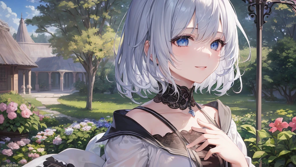 Ultra HD,Look at the viewers, Put your hands behind your back, With a girl, 20-year-old, 非常にShort Hair, Long bangs between the eyes, Pale blue eyes, Very detailed,(masterpiece、Highest quality),Gray Hair、Laughter、Fantastic, Silver Hair, Iris, Short hair、 Fluttering Hair、Small Face、明るいsmile、(Detailed face) ,Professional Lighting,Wonderful landscape,blue sky, sunlight,Looking down from above,Portraiture、Open your mouth、Flower Field、Her eyes were shining、Mysterious and enchanting atmosphere。With AI Painting、とてもShort Hair, Long bangs between the eyes, Very detailed,(masterpiece、Highest quality)、alone、Gray Hair、Fantasy, Silver Hair, Fantasyな風景、smile、Open your mouth、short hair、Short Hair、hairpin、black eye、Grey Eyes、Beautiful Eyes、Black Shirt、White hoodie